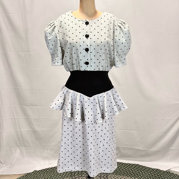 VINTAGE 80s peplum ruffle waist midi dress column pencil puff shoulder polka dot - Picture 8 of 13